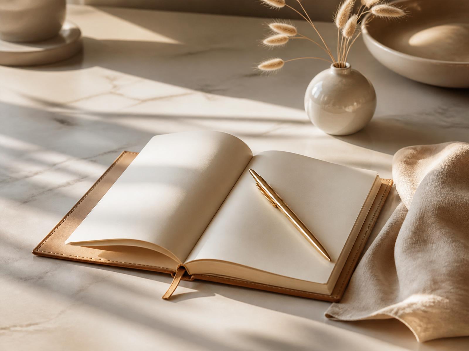 An open leather journal and brass pen on a sunlit marble surface